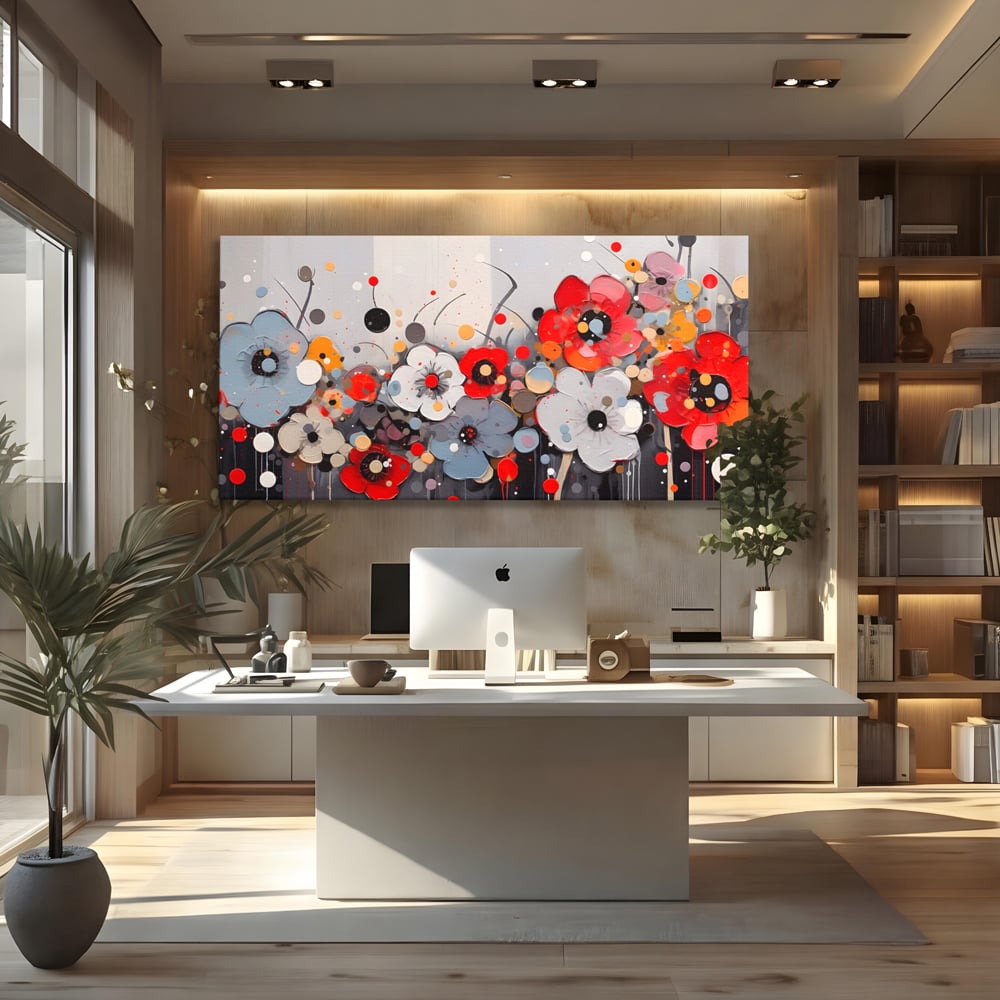 Tablou canvas cu pictura canvas cu flori colorate in relief, fara rama, pe sasiu de lemn, pe perete intr-un birou